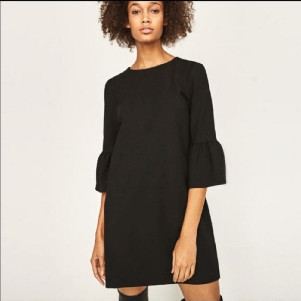 Zara Woman Black Mini Shift Dress 3/4 Ruffle Sleeve Round Crew Neck Chic Party S